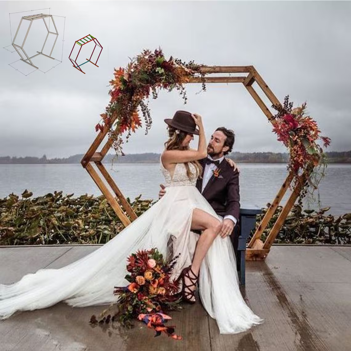 New Design Rustic Wood Hexagon Wedding Backdrop Arch Circle Ceremony Background Decoration Frame For Outdoor Wedding