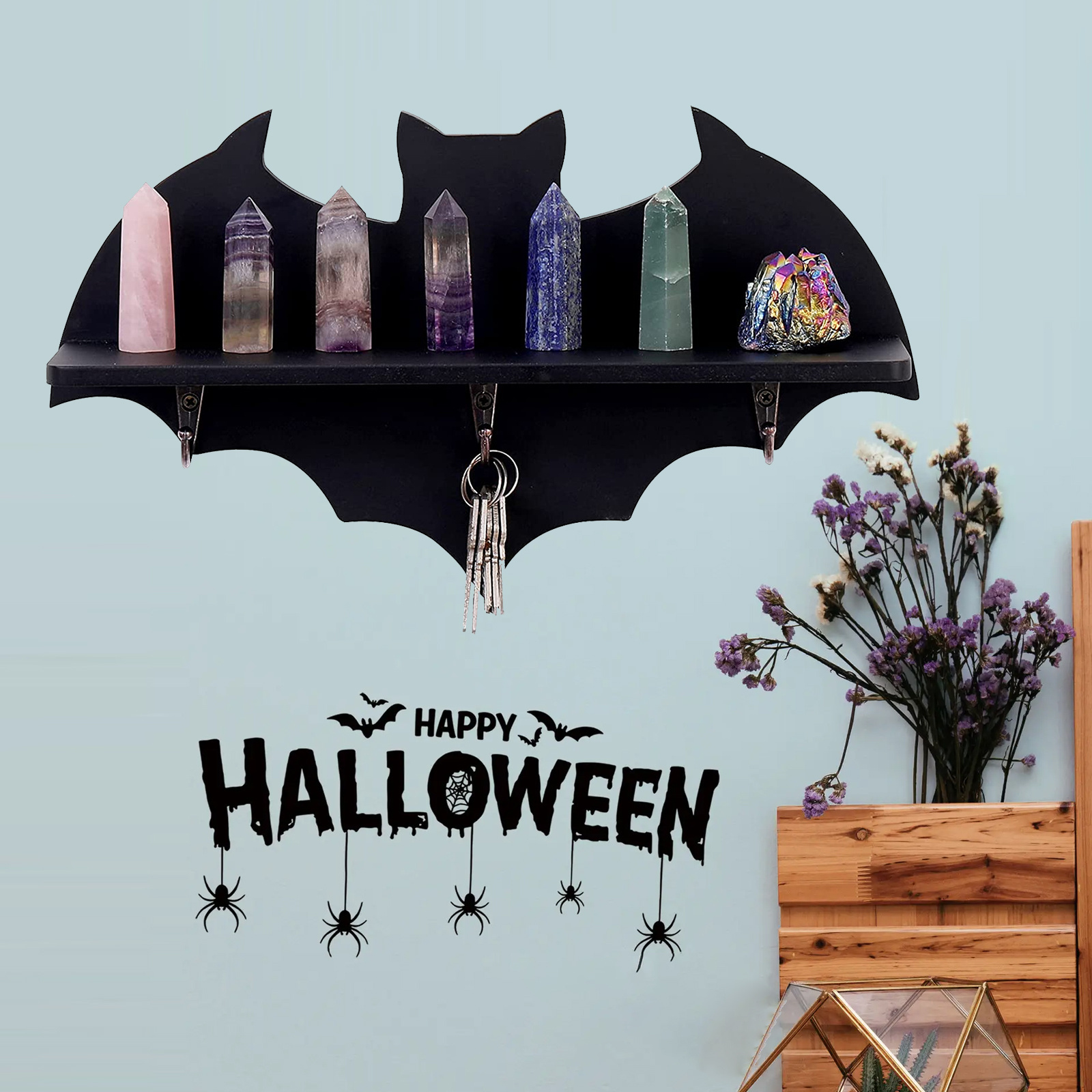 Bat  Coffin Shelf Crystal  Spooky Floating Shelves Goth Decor Bat Shelf,Wooden Gothic Decor for Home