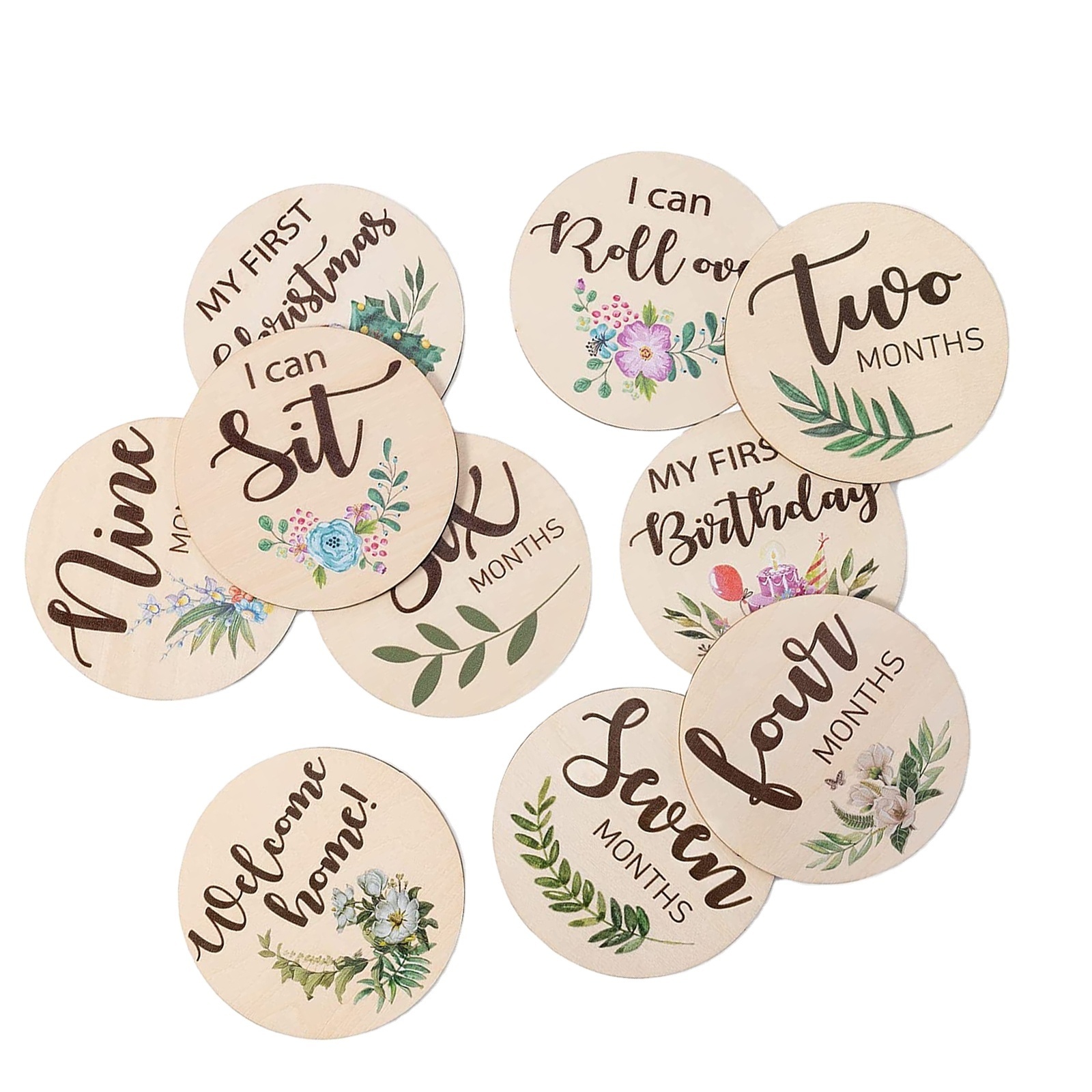 OEM 10 of set Baby wooden monthly milestone cards sign double sided marker wood circles discs newborn photography prop