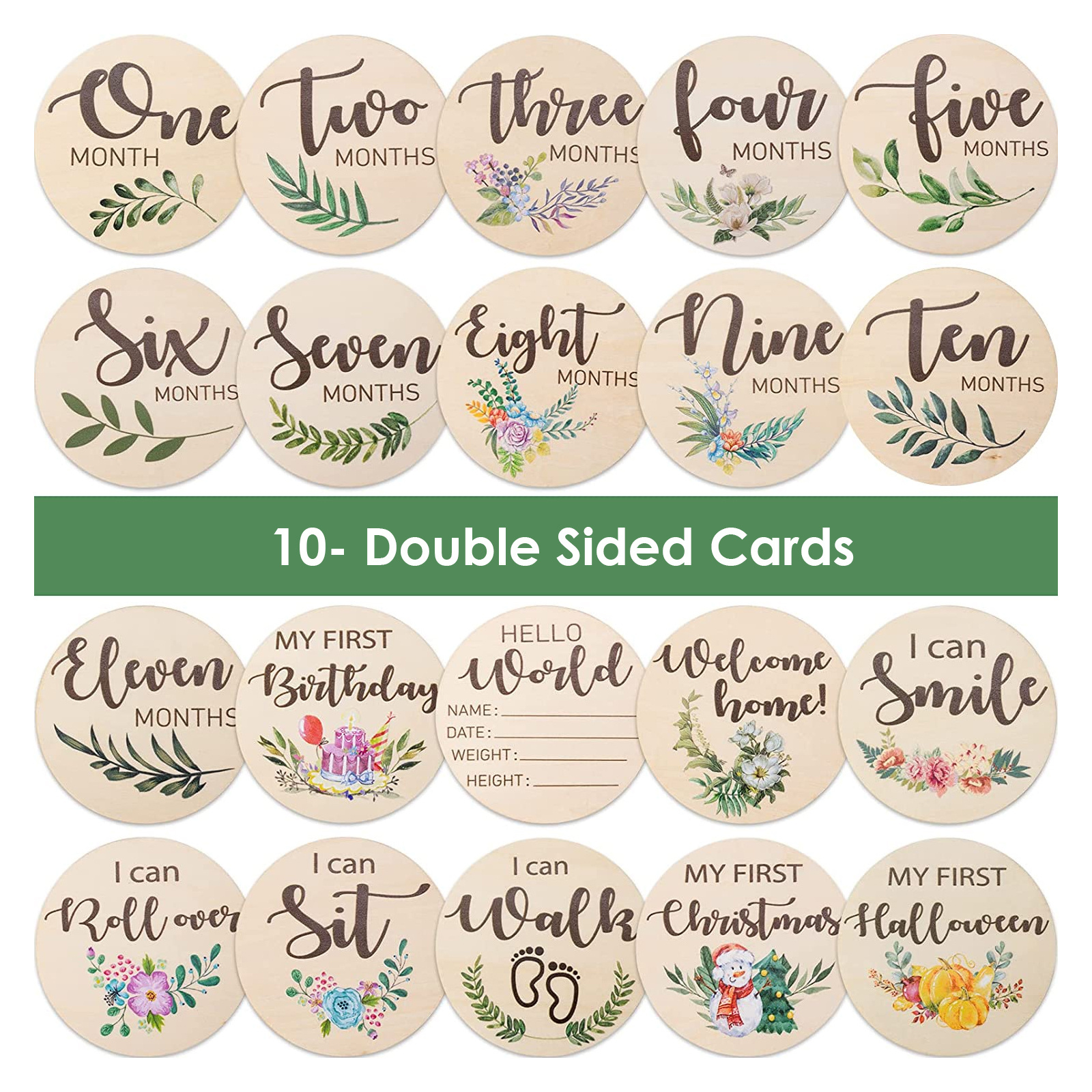 OEM 10 of set Baby wooden monthly milestone cards sign double sided marker wood circles discs newborn photography prop