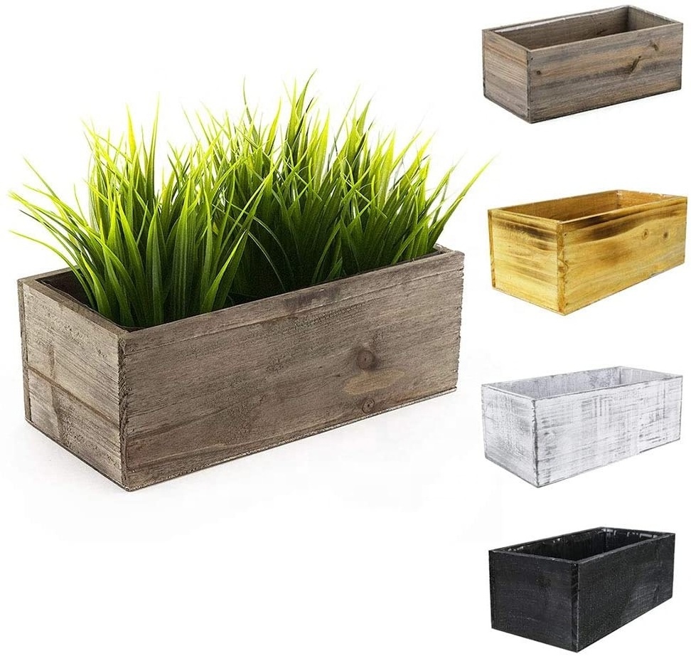 white Wood rectangular Planter Box with Plastic Removable Liner, Rustic Wooden Planters,Indoor Decorative Box