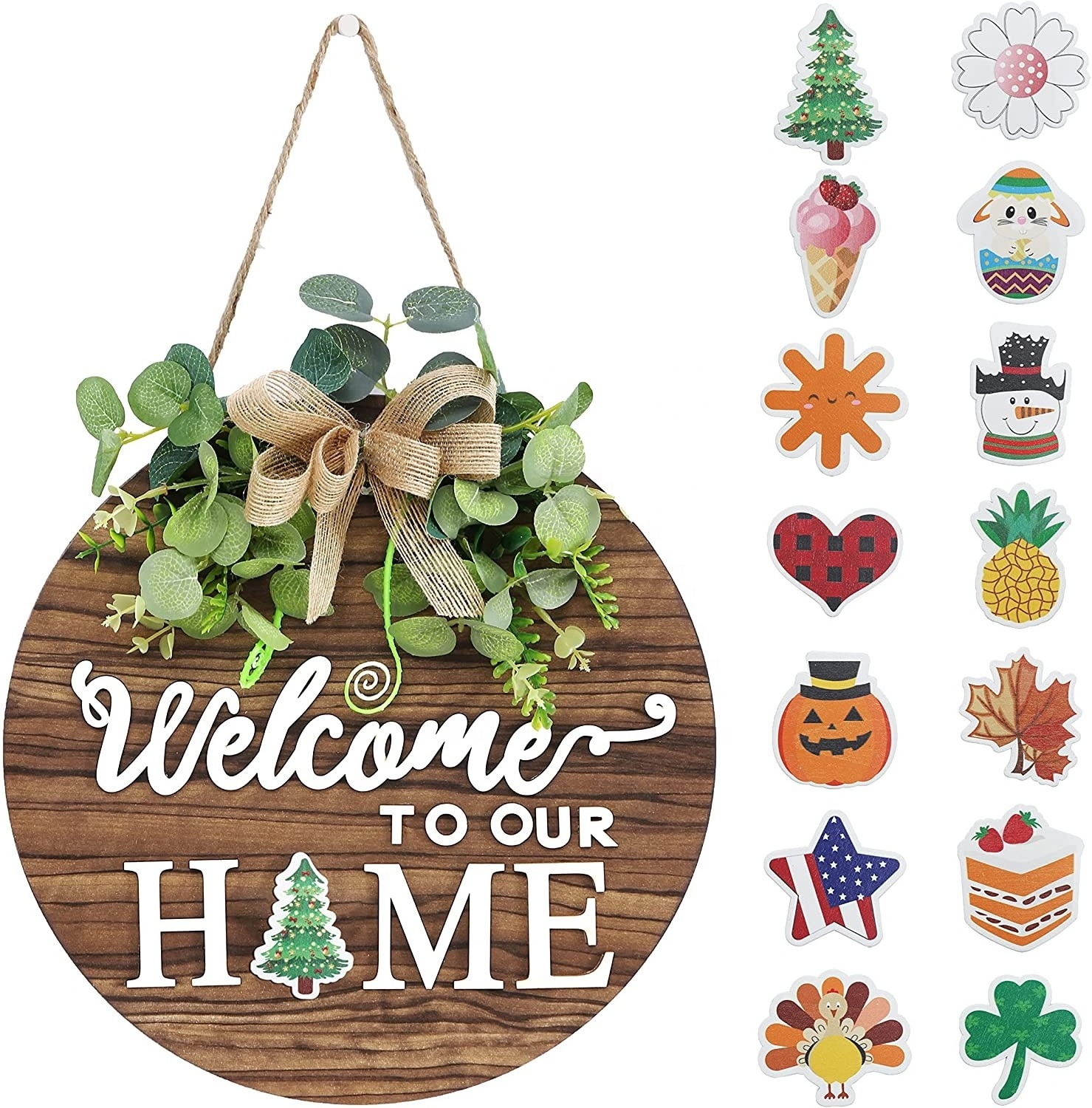 Interchangeable Round Porch Seasonal Welcome To Our Home Hanging Sign With Led  For the Front Door Decoration