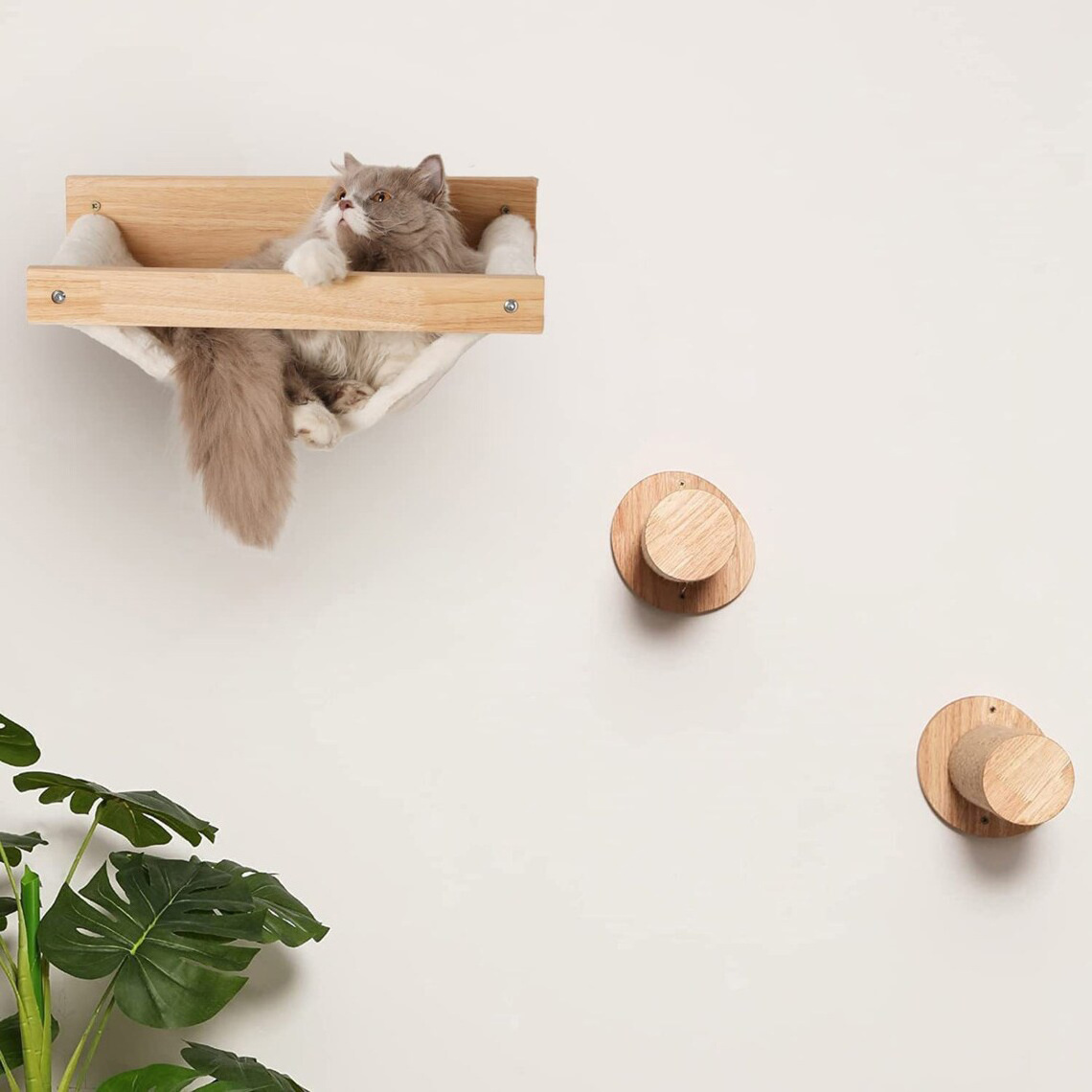 Wall Mounted Cat Hammock with wooden Climbing Steps, Cat Scratching Post Furniture with Cat tree Jumping platform nest