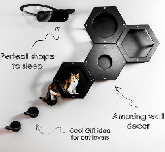 Modern Set of 8 items Wood Wall Mounted Cat Furniture Hexagon Climbing Shelves