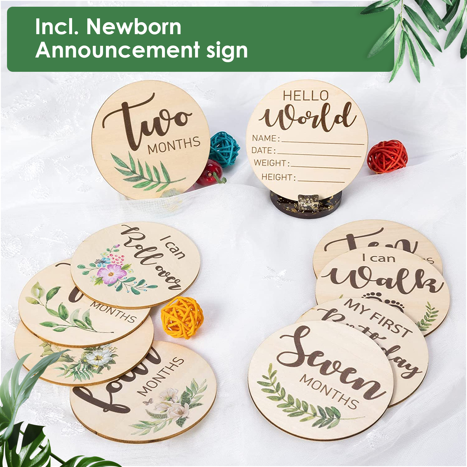 OEM 10 of set Baby wooden monthly milestone cards sign double sided marker wood circles discs newborn photography prop