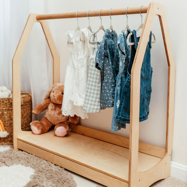 Cute Toddler furniture Wood Montessori Clothing Rack with Shelf Nursery Clothes storage Frame Rack Holder