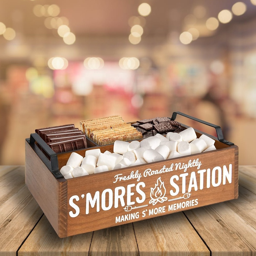 Farmhouse Wood S'mores station Box S'mores Bar Holder Serving Tray with Handles For Caddy Food Container