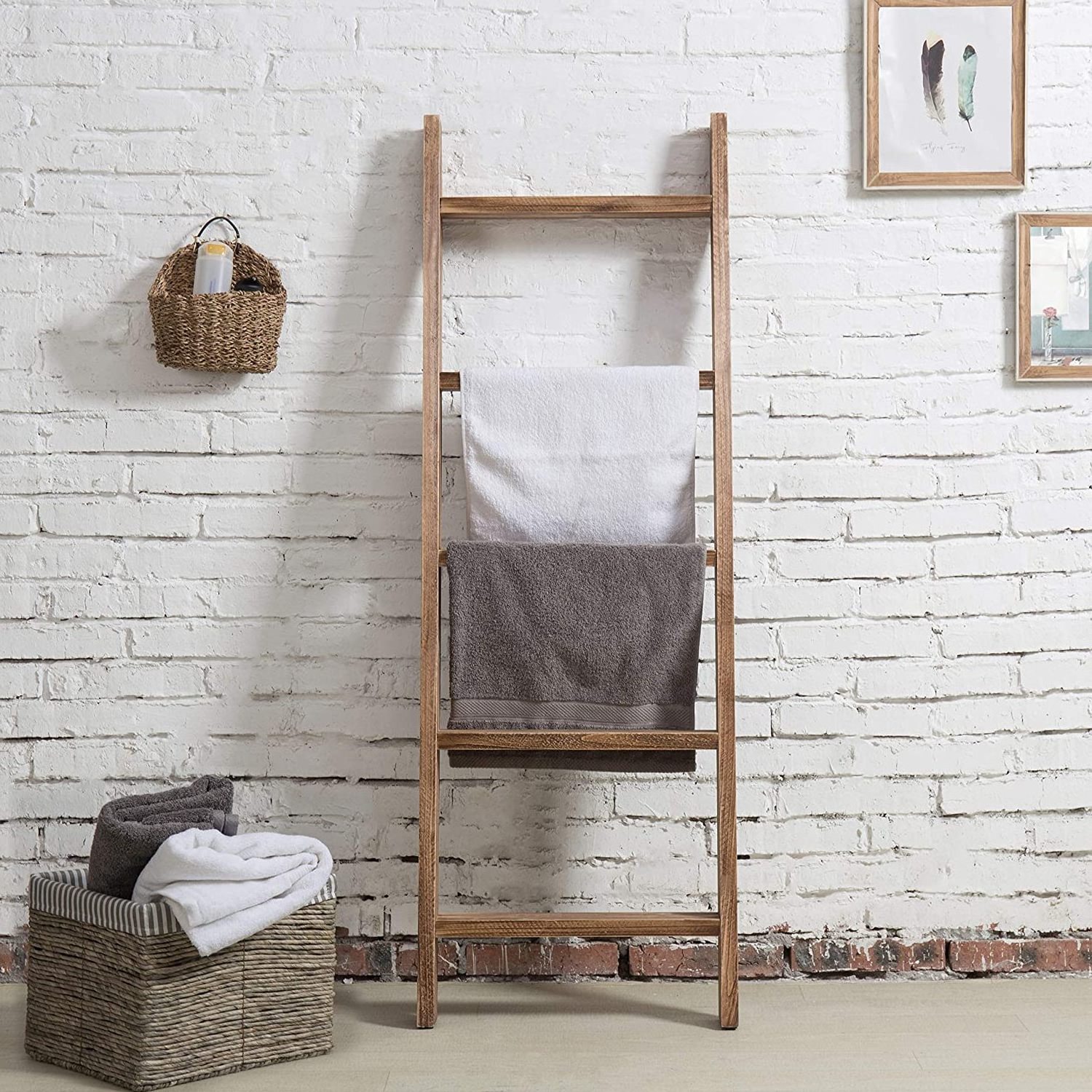 Wholesale Rustic Brown Wood Blanket Ladder Farmhouse Shelf, Wall Leaning Towel Rack with 5 Rungs