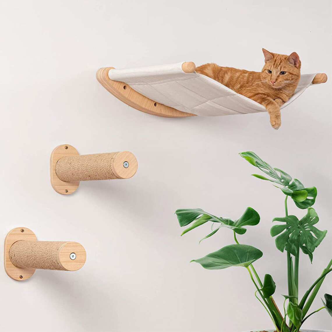 Wall Mounted Cat Hammock with wooden Climbing Steps, Cat Scratching Post Furniture with Cat tree Jumping platform nest