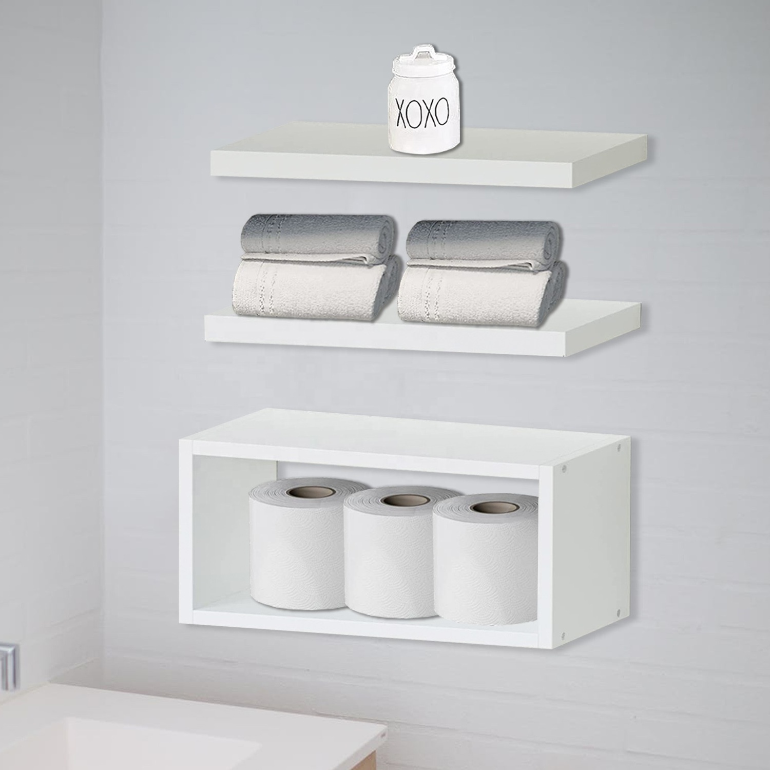 Hot selling Wood Wall Mounted Storage Floating Shelves Set of 3 with Brackets For Bathroom Bedroom Kitchen