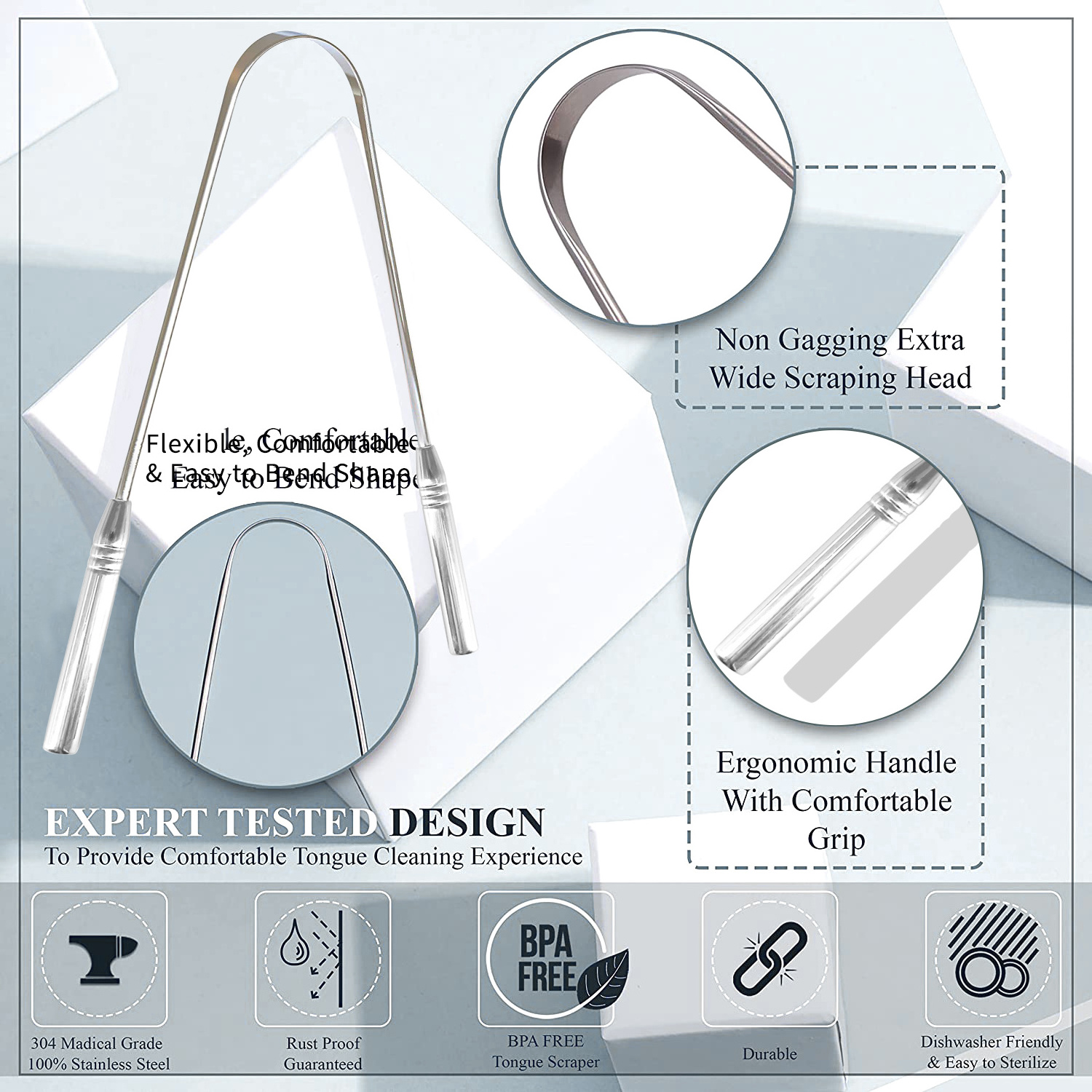 Factory Wholesale Newly Designed 2 Pack 304 Stainless Steel Tongue Scraper Cleaners