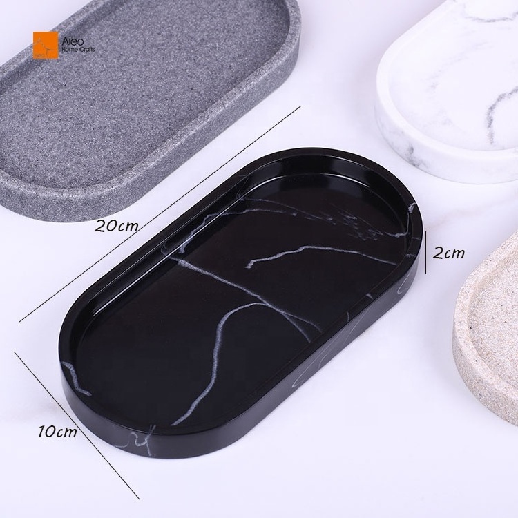 BSCI Certified Black Resin Marble Bathroom Vanity Tray Waterproof Perfume Jewelry Dresser Oval Serving Trays Home Decor Polished