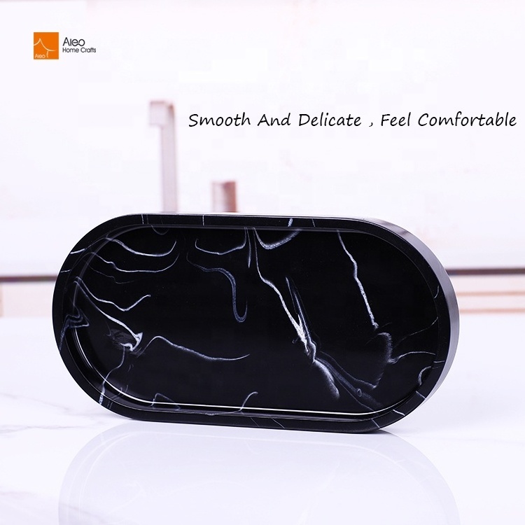 BSCI Certified Black Resin Marble Bathroom Vanity Tray Waterproof Perfume Jewelry Dresser Oval Serving Trays Home Decor Polished