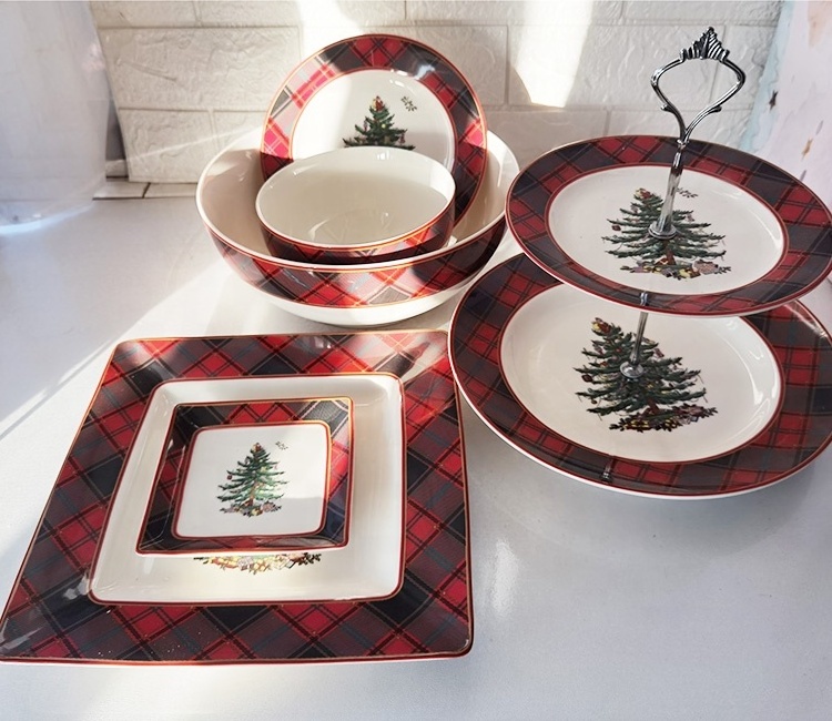 Custom Christmas square round cloth texture Christmas tree ceramic steak plate cake plate