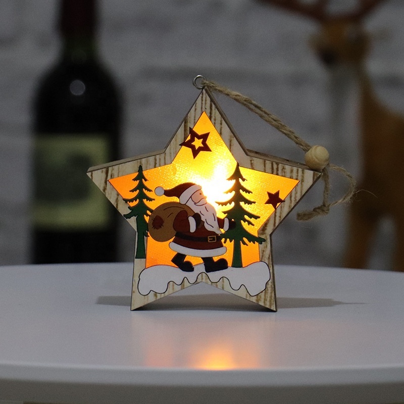 Christmas wooden star-shaped LED lights Santa Claus snowman deer gifts hanging baubles decoration ornaments