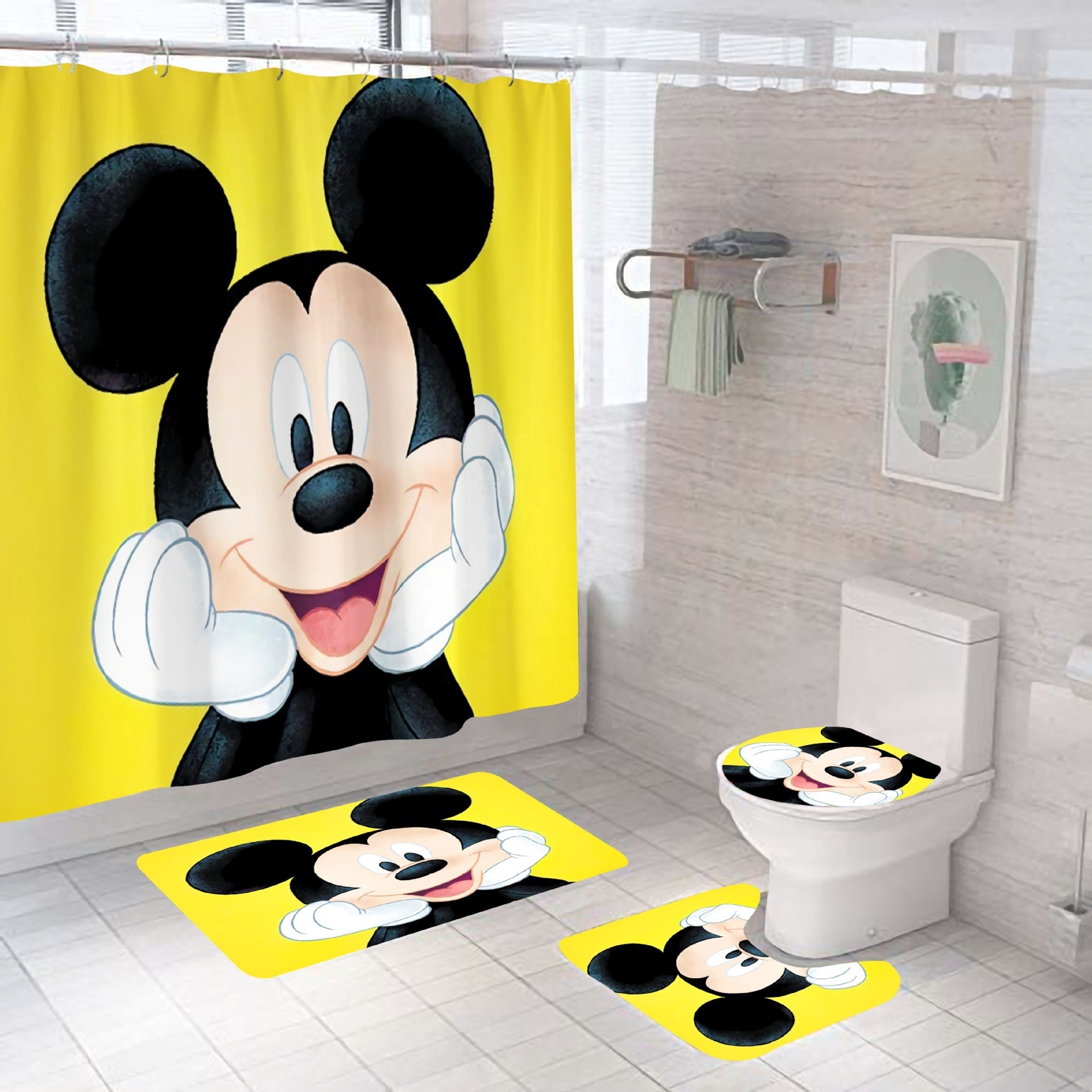 Custom Best Price Hotsale Anime Mickey HD Digital Printing Anti-Mildew Waterproof Polyester Bathroom Shower Curtain Set