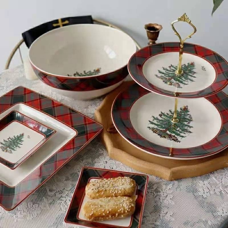 Custom Christmas square round cloth texture Christmas tree ceramic steak plate cake plate