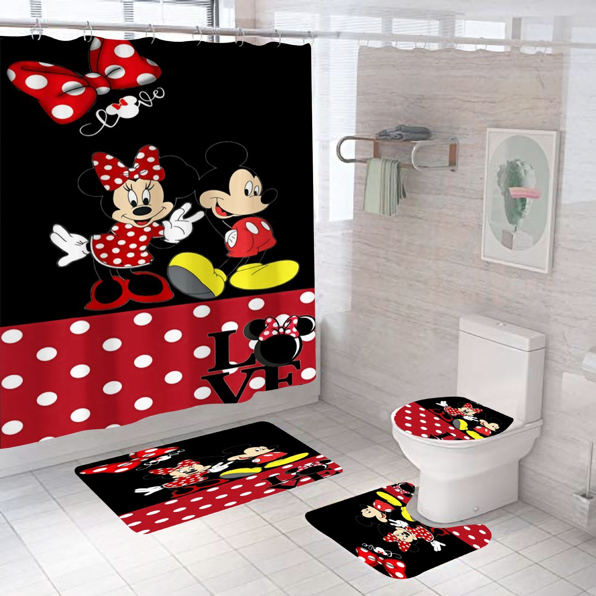 Custom Best Price Hotsale Anime Mickey HD Digital Printing Anti-Mildew Waterproof Polyester Bathroom Shower Curtain Set