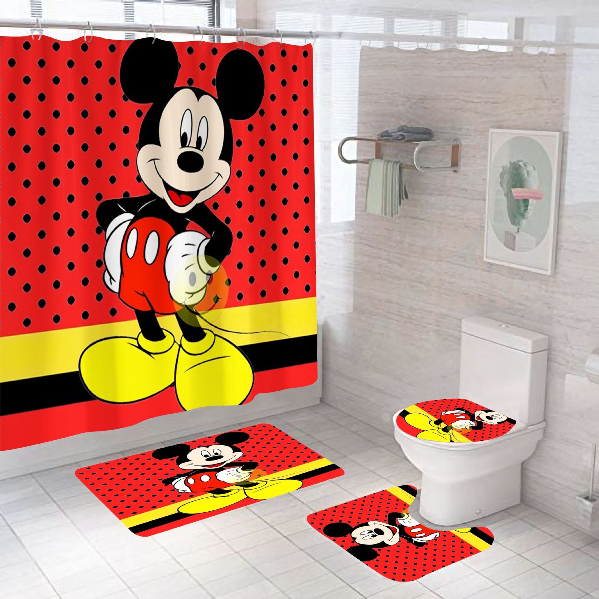 Custom Best Price Hotsale Anime Mickey HD Digital Printing Anti-Mildew Waterproof Polyester Bathroom Shower Curtain Set