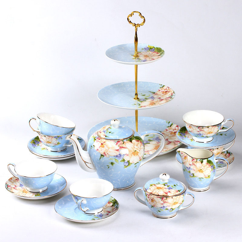 Hot sale light blue color fine british style bone china ceramic afternoon coffee tea set