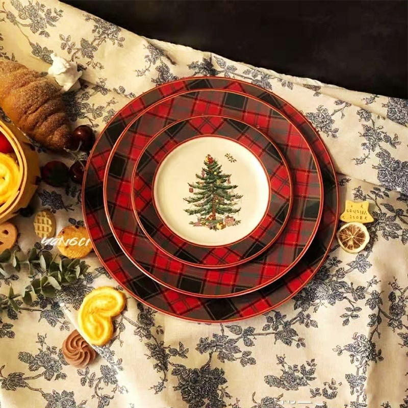 Custom Christmas square round cloth texture Christmas tree ceramic steak plate cake plate