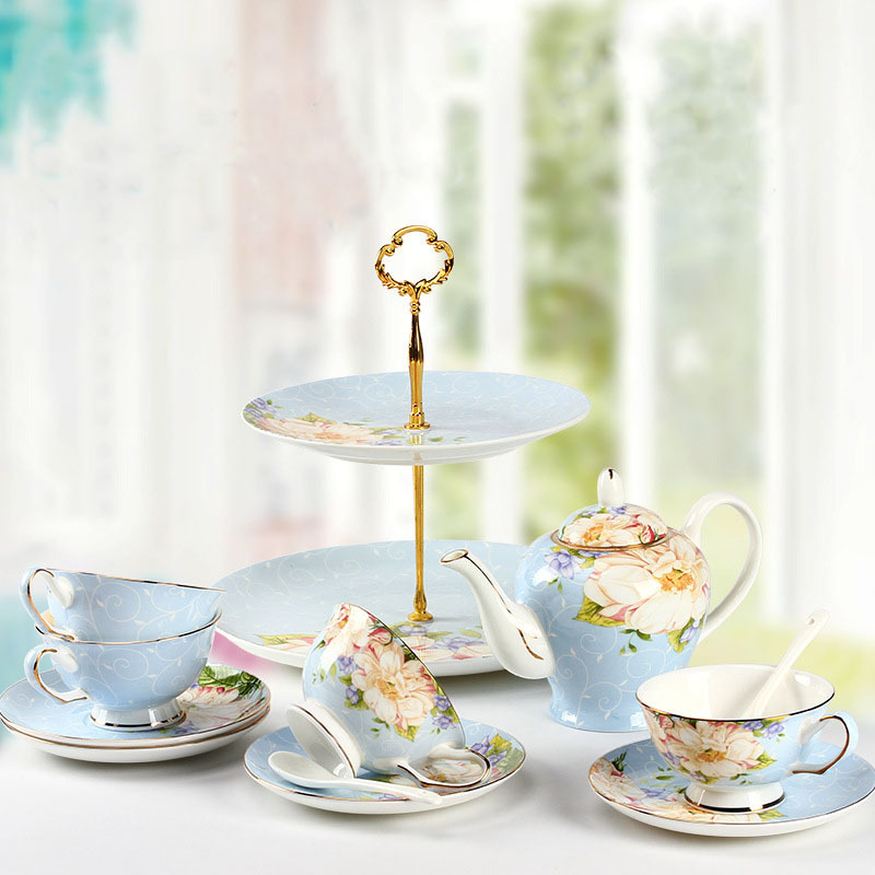 Hot sale light blue color fine british style bone china ceramic afternoon coffee tea set