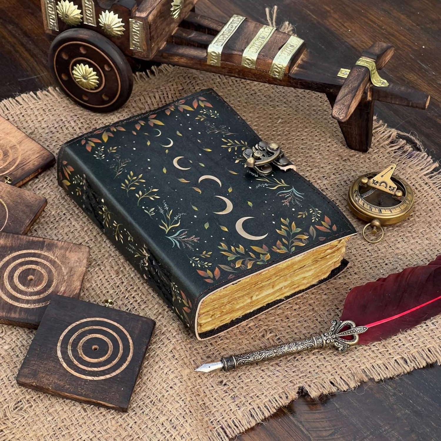 Antique Witchcraft Supplies Wiccan Notebook Journal Crescent Moon Vintage Handmade Leather Diary With Lock