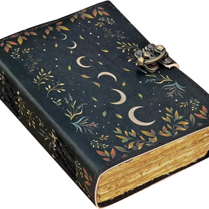 Antique Witchcraft Supplies Wiccan Notebook Journal Crescent Moon Vintage Handmade Leather Diary With Lock