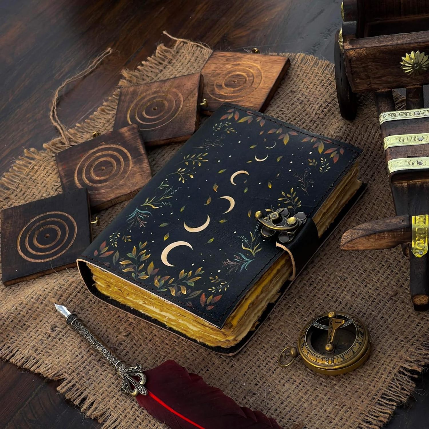 Antique Witchcraft Supplies Wiccan Notebook Journal Crescent Moon Vintage Handmade Leather Diary With Lock