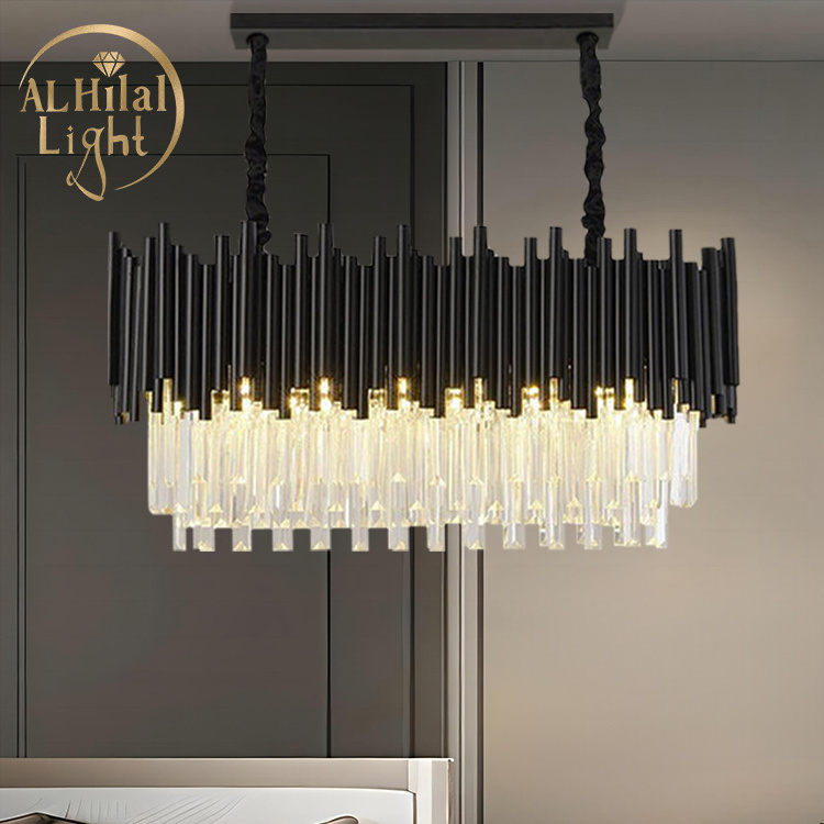 Luxury Creative Villa Restaurant K9 Crystal Chandelier Rectangular Post Modern LED Black Gold Hotel Project Pendant Light