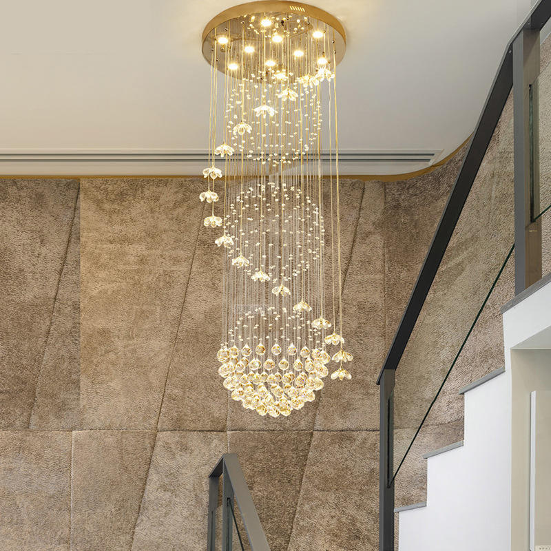 Custom Hotel Large Gold Led Long Ceiling Pendant Lights Luxury Hanging Lighting Led Staircase Modern Crystal Chandelier