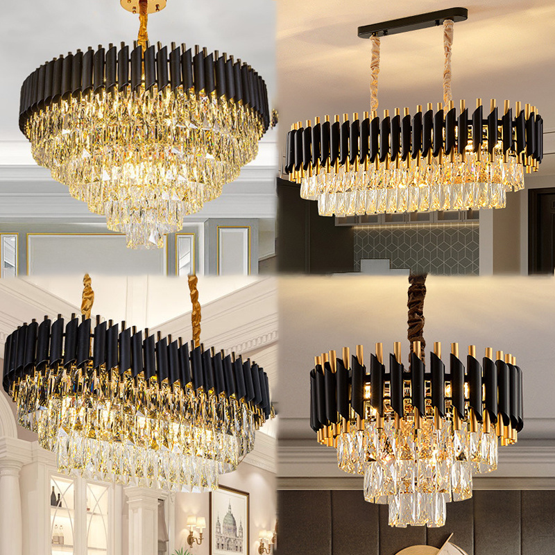 Round Custom Modern Led K9 Crystal Luxury Black Gold Led Large Holtel Chandelier Pendant Light