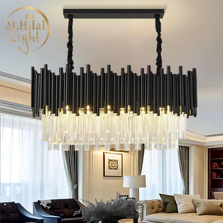 Luxury Creative Villa Restaurant K9 Crystal Chandelier Rectangular Post Modern LED Black Gold Hotel Project Pendant Light