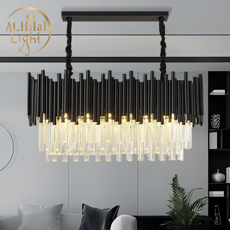 Luxury Creative Villa Restaurant K9 Crystal Chandelier Rectangular Post Modern LED Black Gold Hotel Project Pendant Light