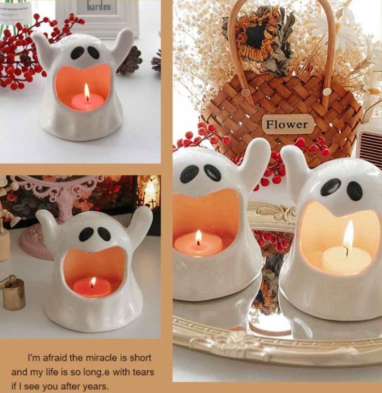 Customized Funny Cute Ghost Candlestick Candle Holder Halloween Ceramic Candle Jar