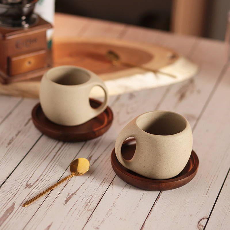 Saucer Handmade Vintage Cute Ball Shaped Porcelain Pottery Ceramic Solo Cup Small Coffee Cup Mug With Bamboo Tray