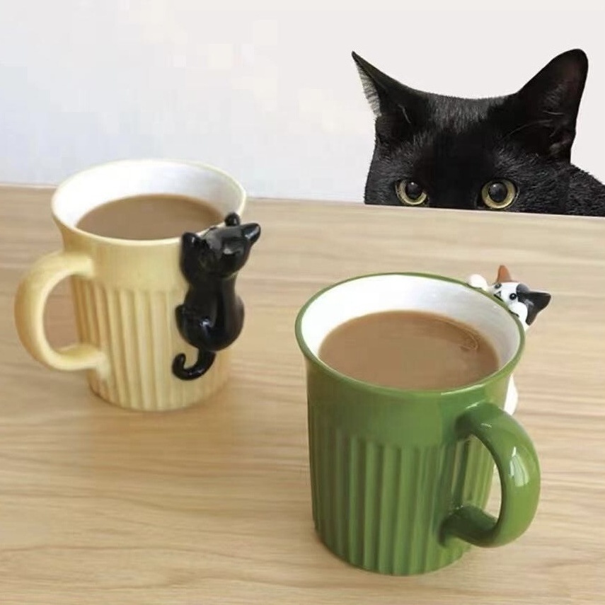 Japanese Vertical Pattern 3D Cartoon Animal Decoration Peep Black Cat Cup Cute Calico Cat Coffee Mug