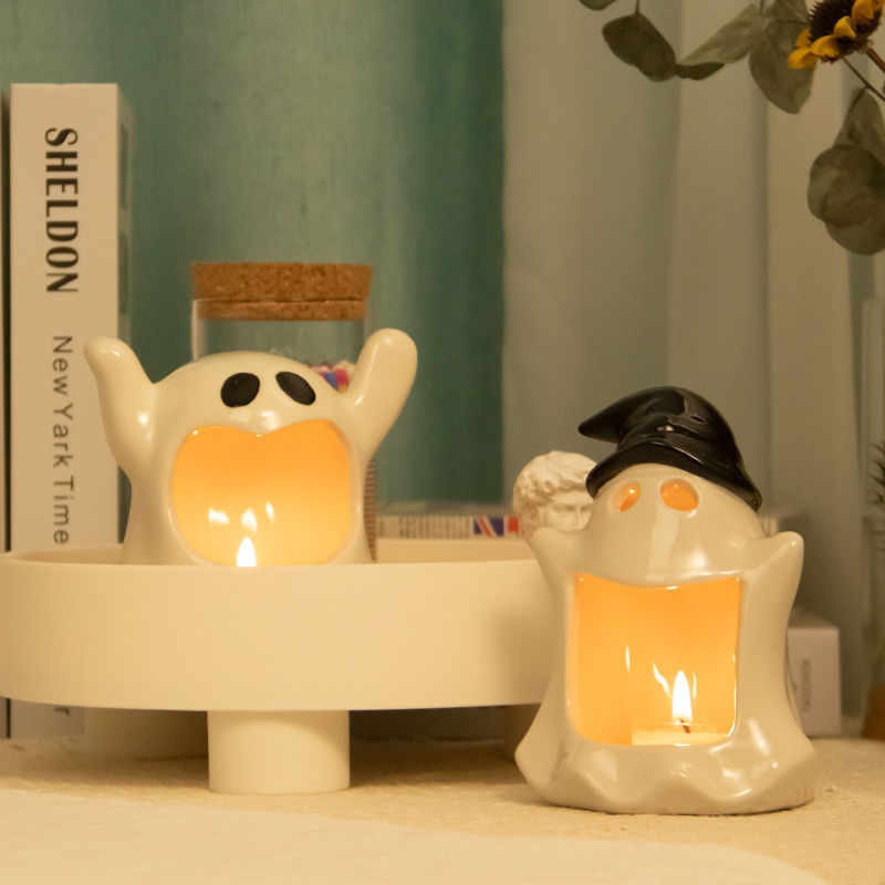 Customized Funny Cute Ghost Candlestick Candle Holder Halloween Ceramic Candle Jar