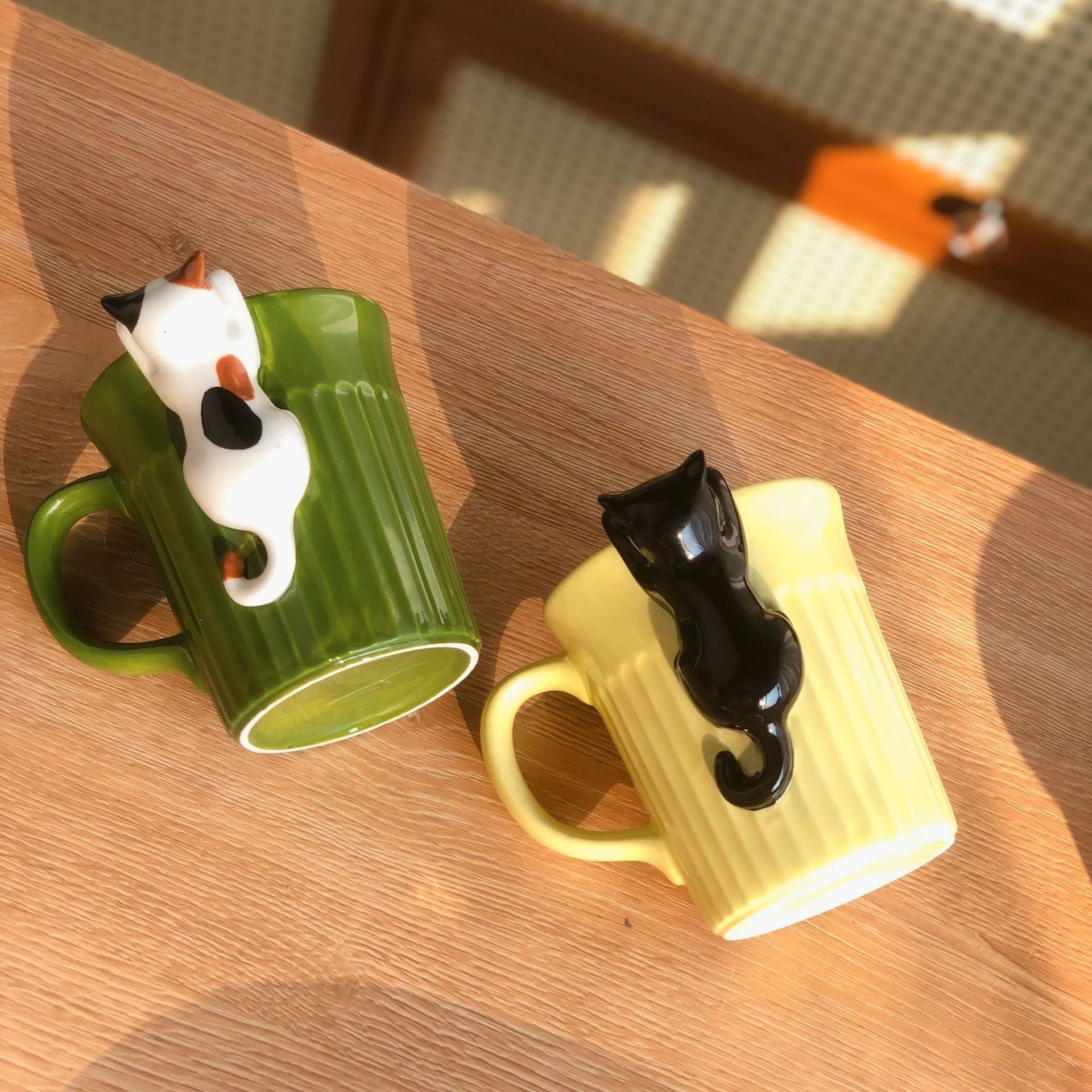 Japanese Vertical Pattern 3D Cartoon Animal Decoration Peep Black Cat Cup Cute Calico Cat Coffee Mug