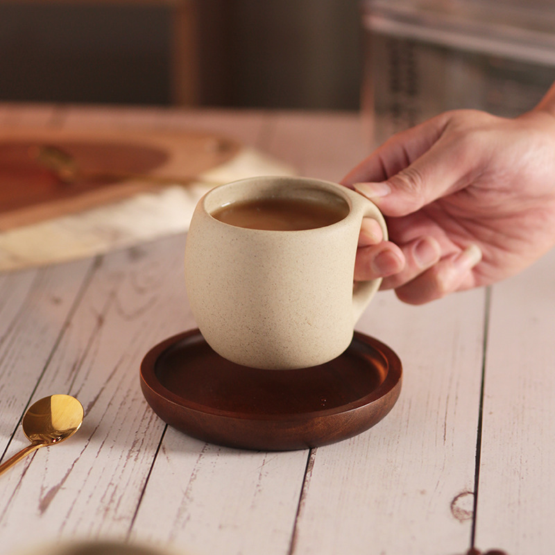 Saucer Handmade Vintage Cute Ball Shaped Porcelain Pottery Ceramic Solo Cup Small Coffee Cup Mug With Bamboo Tray