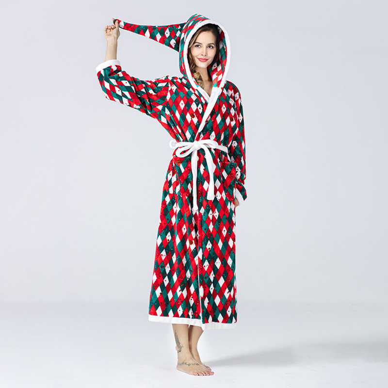 Christmas Checkered Bathrobe Hat Hooded Color Matching Pj Flannel Christmas Luxury Onesie Pajamas Nightgown for Women