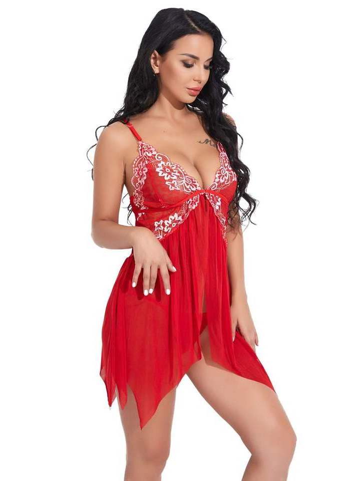 Sexy Lingerie Women Sleepwear Mini Dress Hot See Through Front Closure Pajamas Babydoll Lace Mesh Nightgown Nighties