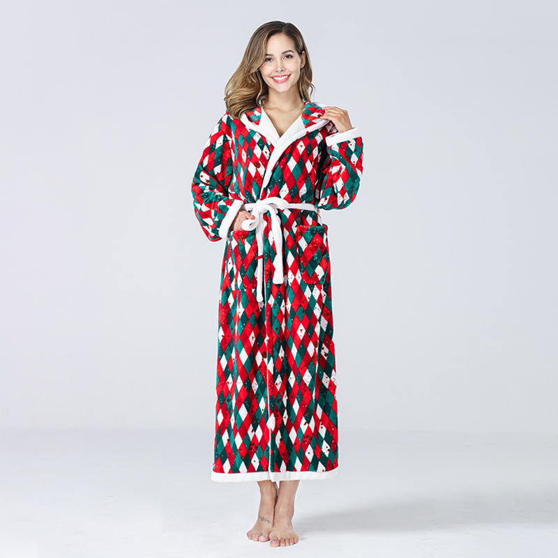 Christmas Checkered Bathrobe Hat Hooded Color Matching Pj Flannel Christmas Luxury Onesie Pajamas Nightgown for Women