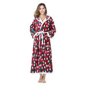 Christmas Checkered Bathrobe Hat Hooded Color Matching Pj Flannel Christmas Luxury Onesie Pajamas Nightgown for Women