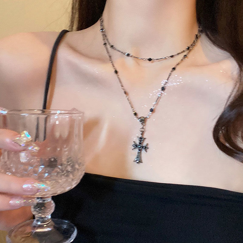 Trendy Zircon Black Beads Necklace Women Long Pendant Fashion Jewelry Necklaces Cross Sexy Collarbone Multilayer Necklaces