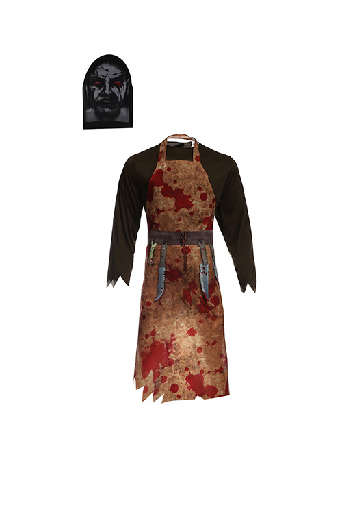 Horror Bloody Butcher Apron with Hood Halloween Party Cosplay Cruel Butcher Man Costume