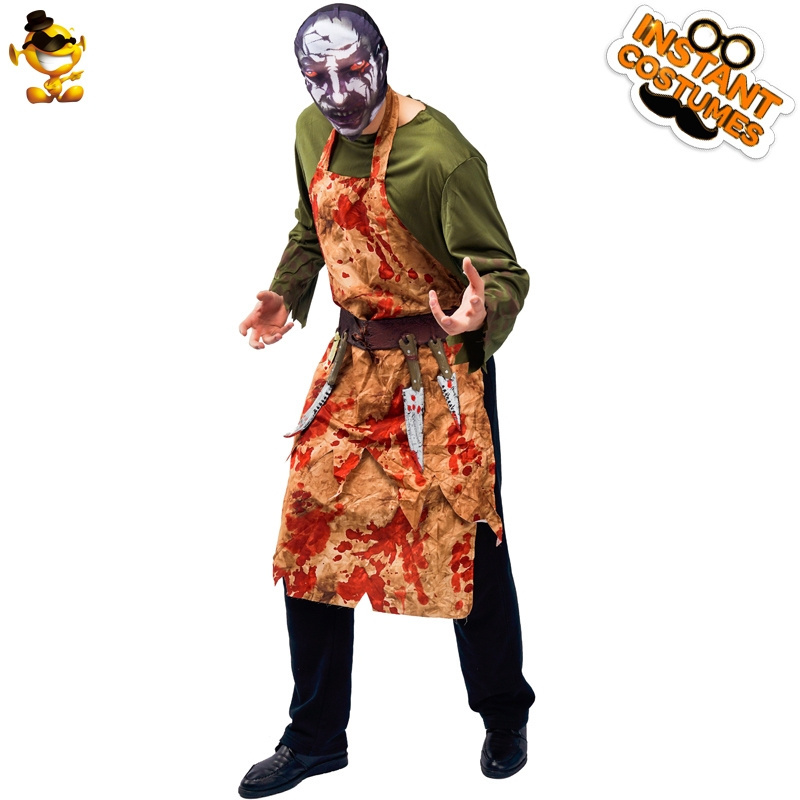 Horror Bloody Butcher Apron with Hood Halloween Party Cosplay Cruel Butcher Man Costume