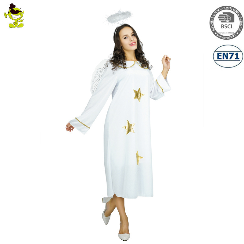 Adult Fancy Dress Lady White Angel Costume With Wings Halloween  Role Play Performance Clothing For Women