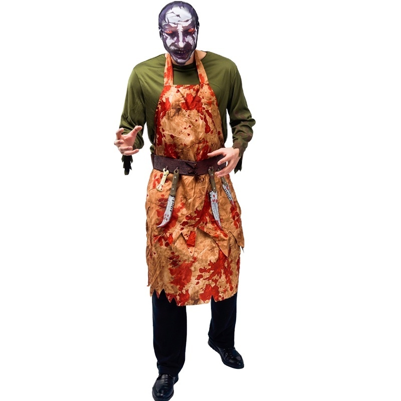 Horror Bloody Butcher Apron with Hood Halloween Party Cosplay Cruel Butcher Man Costume