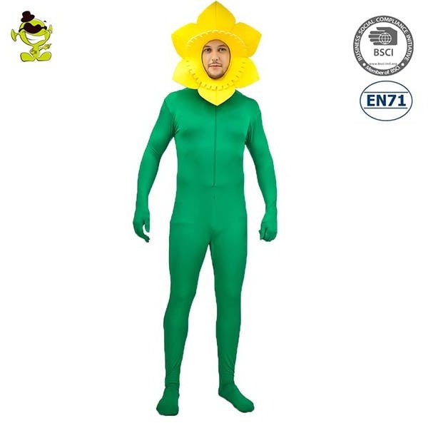 Men's Funny Sunflower Jumpsuit with Headpiece halloween  Dress Up Party Cosplay Sunflower Costume